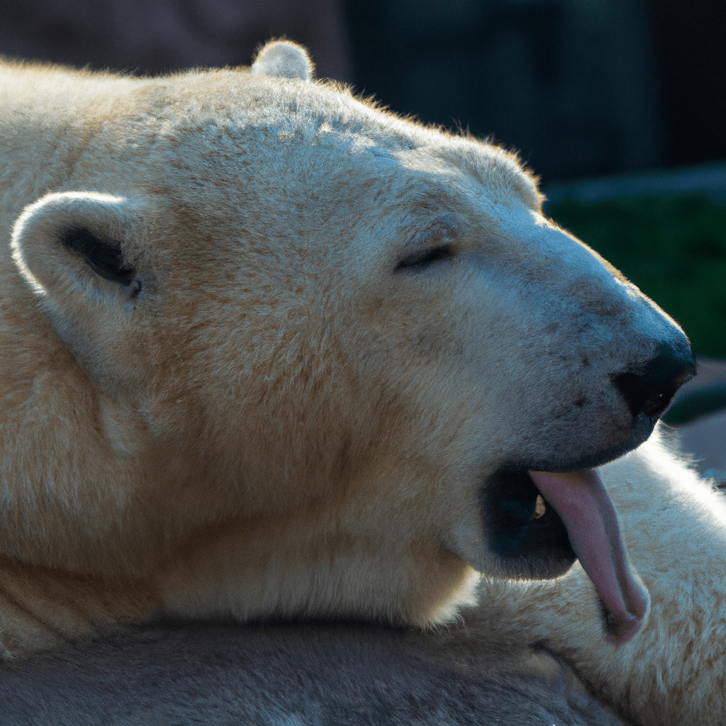 Un oso polar descansando en el sol, con la lengua fuera.